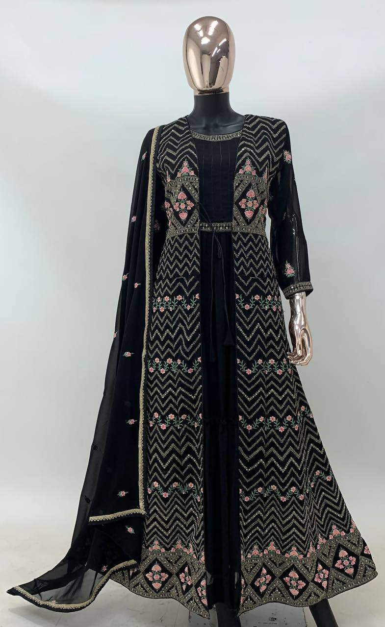 Black Faux Georgette Embroidery Gown with Matching Jacket Set
