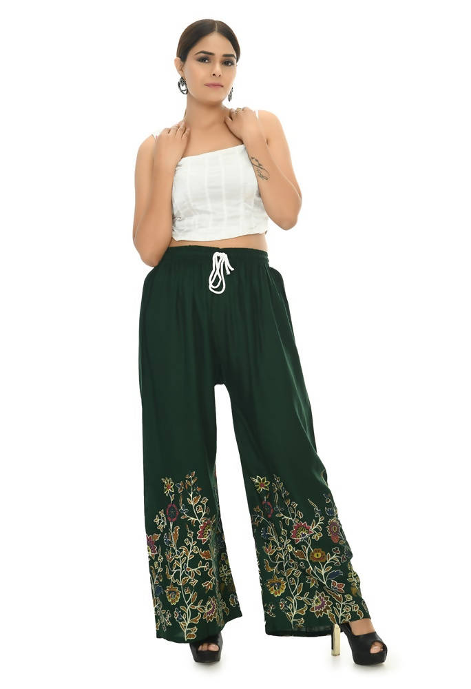 Bottle Green Floral Palazzo Pants in Soft Rayon Cotton Blend