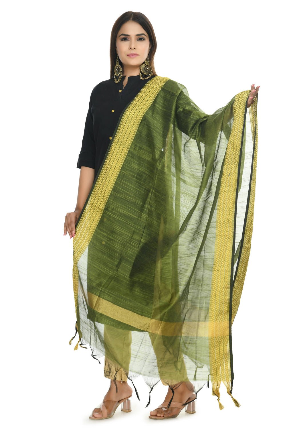 Mehndi Green Handloom Cotton Dupatta - Lightweight Ethnic Accessory