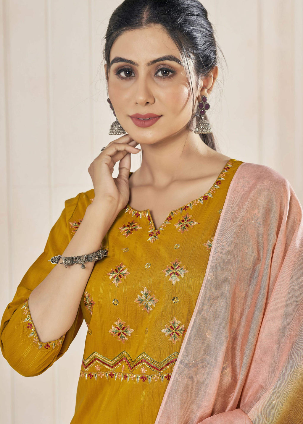Mustard Viscose Straight Kurta Set with Weaving Stripes