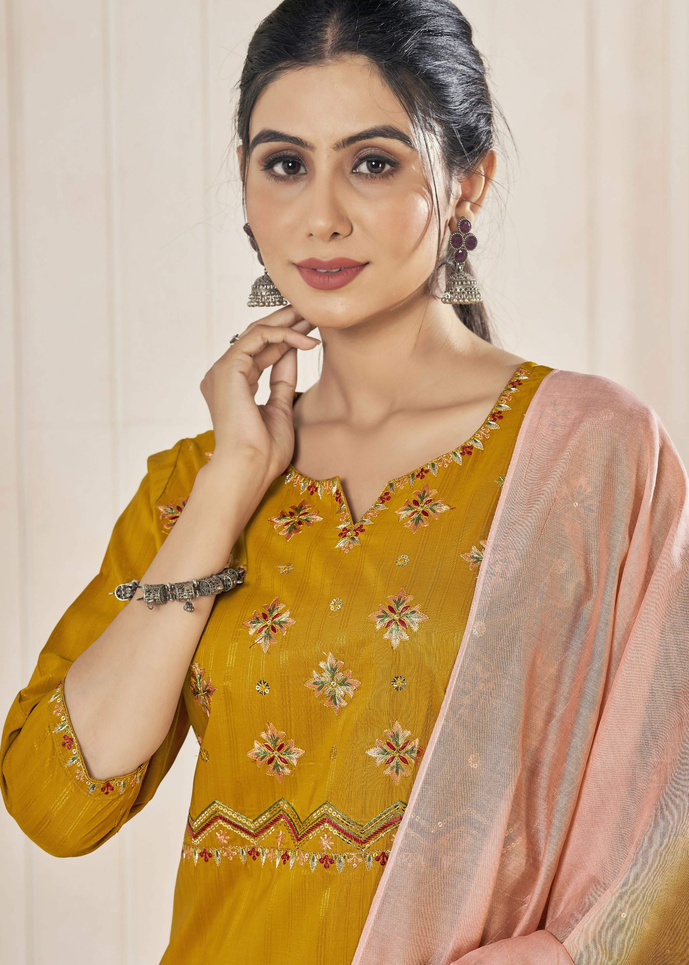 Mustard Viscose Straight Kurta Set with Weaving Stripes