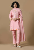 A 3-piece pink cotton kurta set featuring an organza dupatta and cotton bottom.