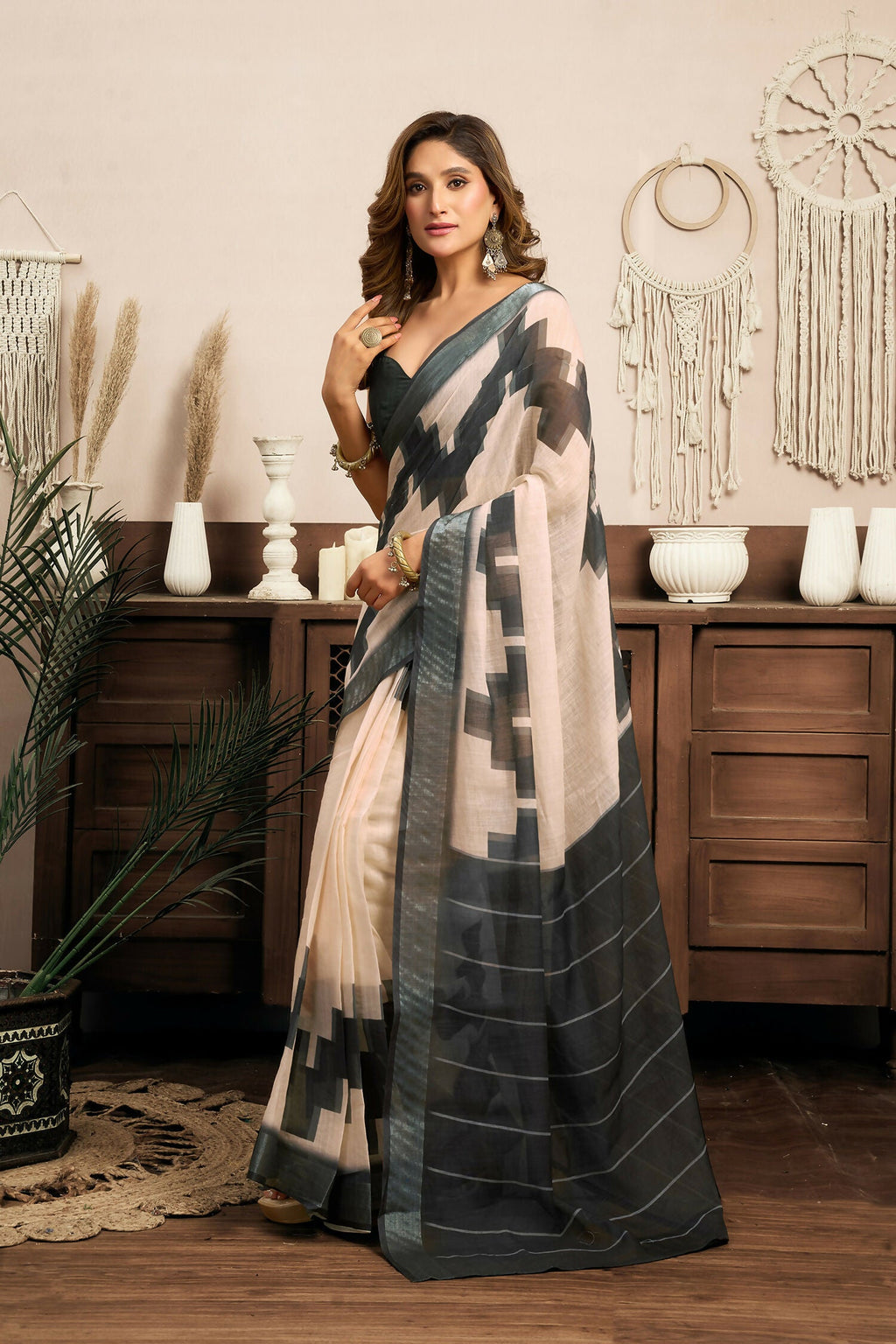 White and Grey Ethnic Motifs Linen Ready to Wear Saree