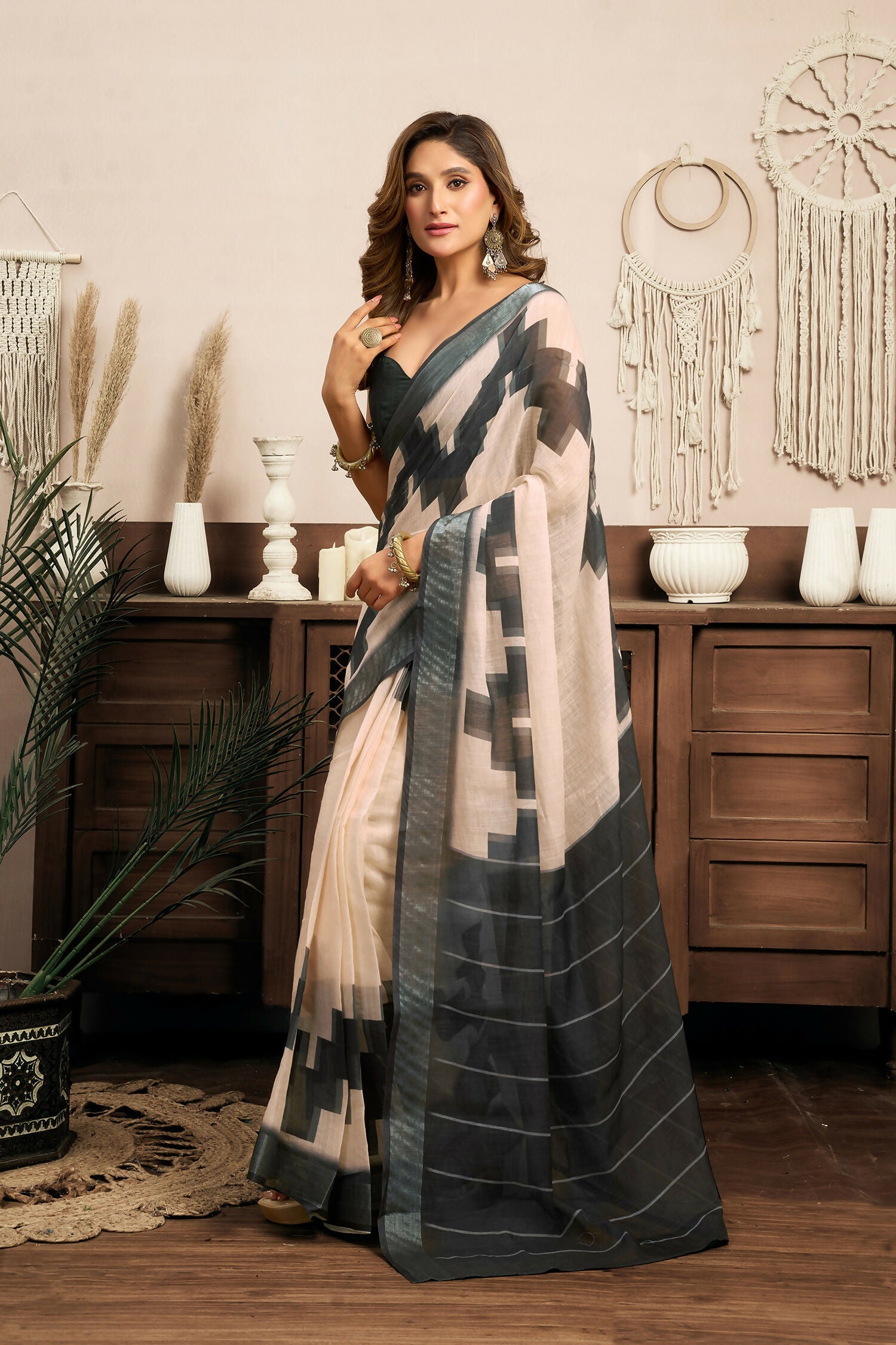 White and Grey Ethnic Motifs Linen Ready to Wear Saree