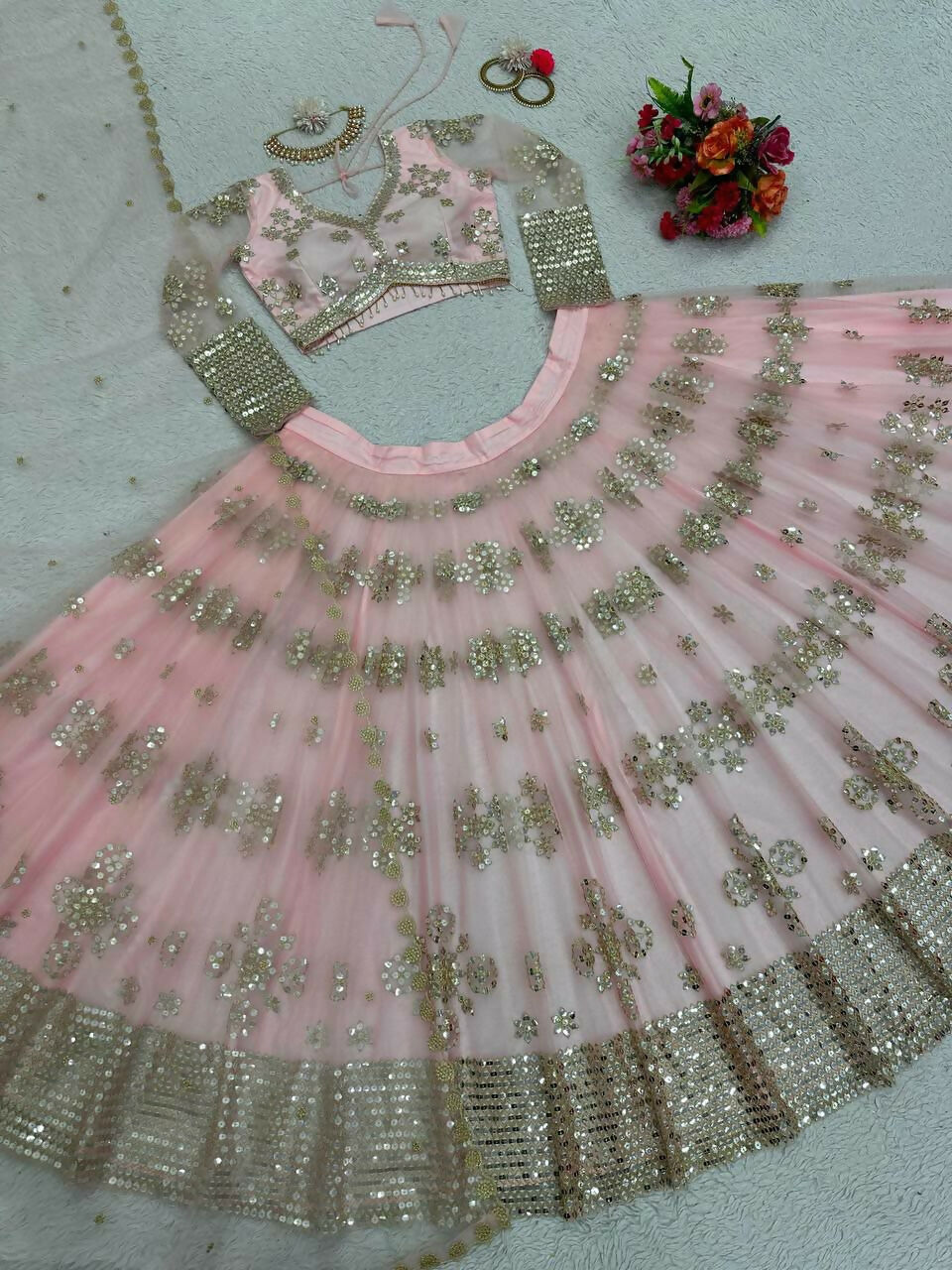 Baby Pink Butterfly Net Lehenga Choli with Sequins & Embroidery