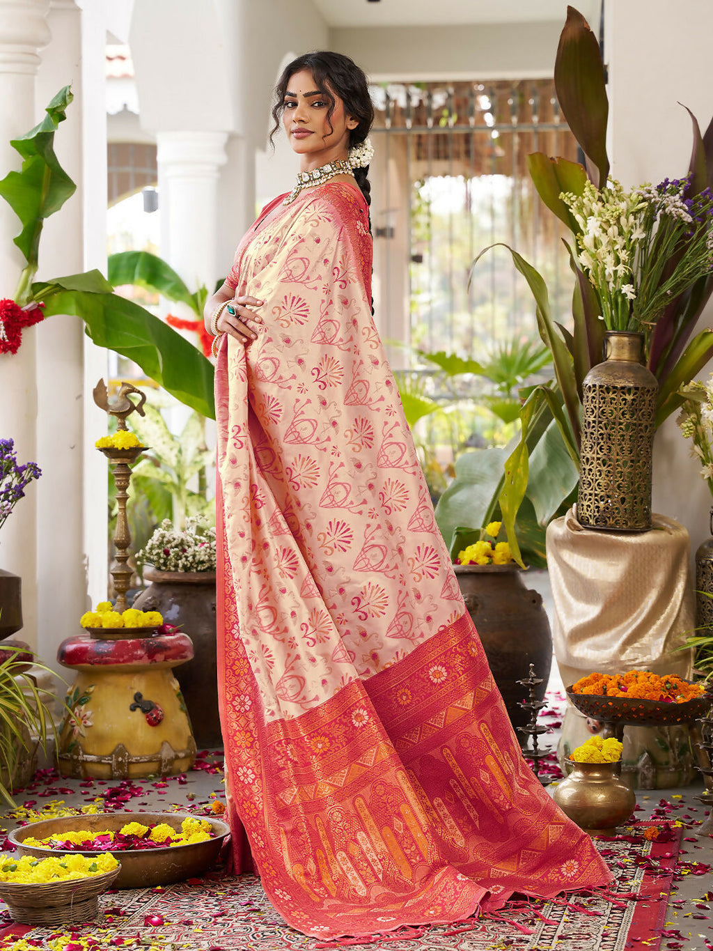 Cream Soft Silk Saree with Contrast Red Blouse Piece