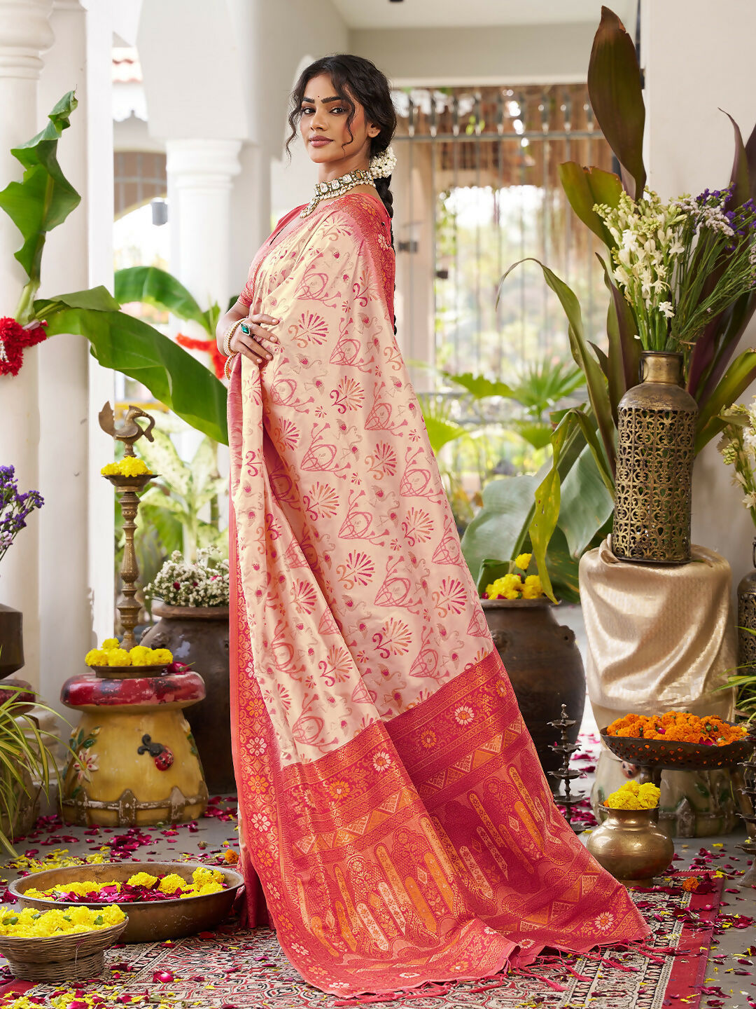 Cream Soft Silk Saree with Contrast Red Blouse Piece