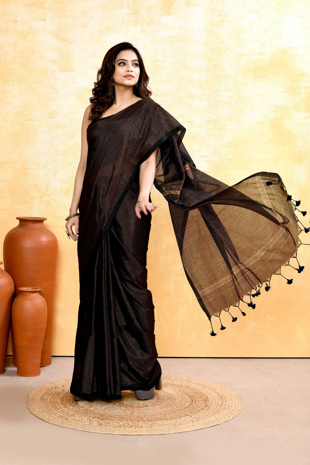 Black Embellished Cotton Blend Zari Check Handloom Saree