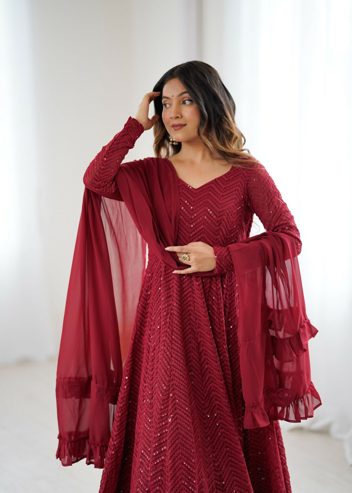 Maroon Georgette Kurta Set with Intricate Sequence Embroidery