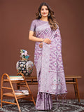Elegant Purple Linen Cotton Saree with matching blouse piece