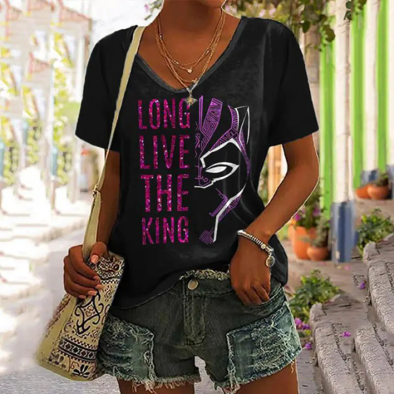 Women's Graphic Print V-Neck T-Shirt Casual Short Sleeve Tee