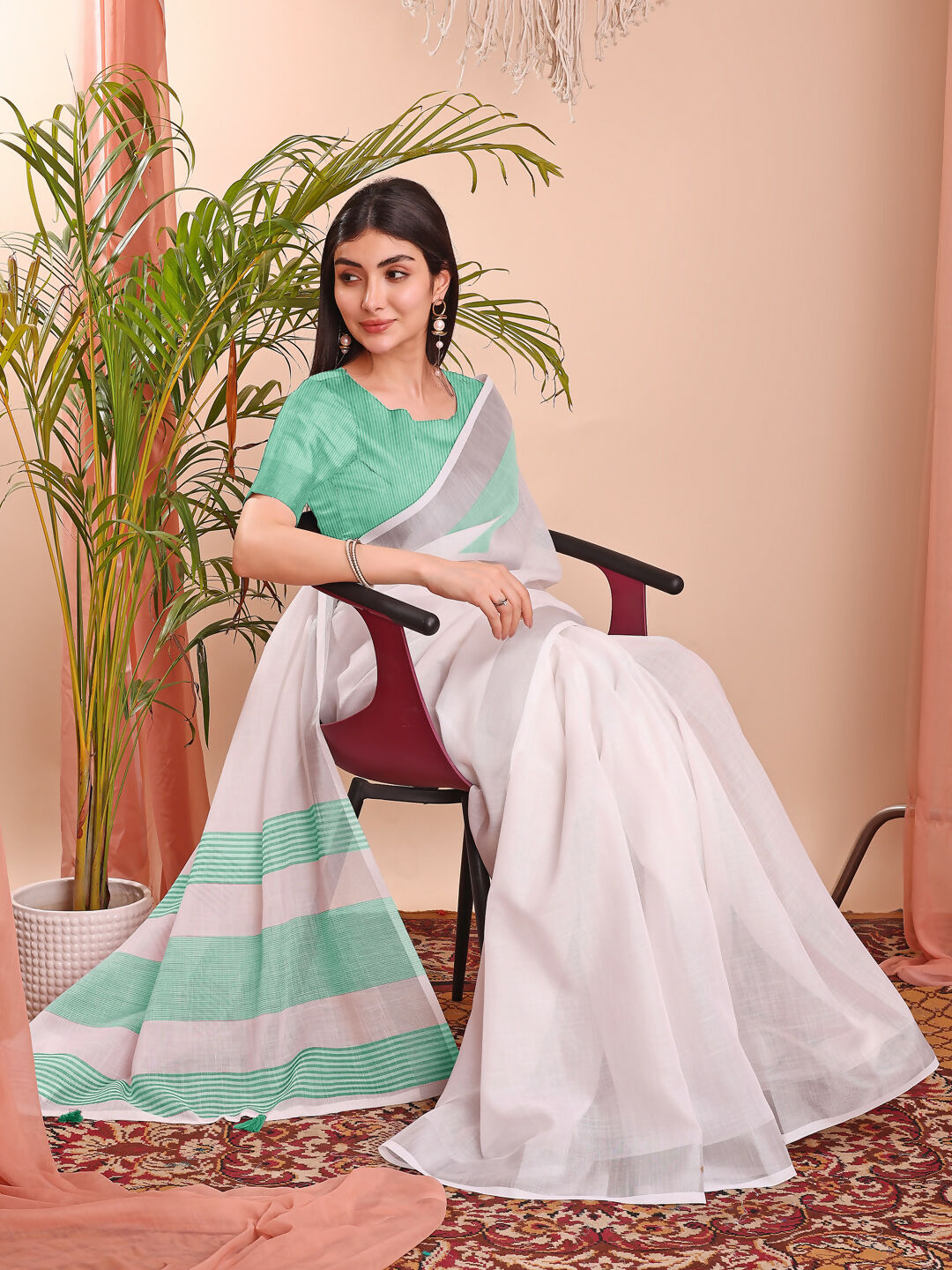 The White Loom White Linen Cotton Saree with Blouse Piece