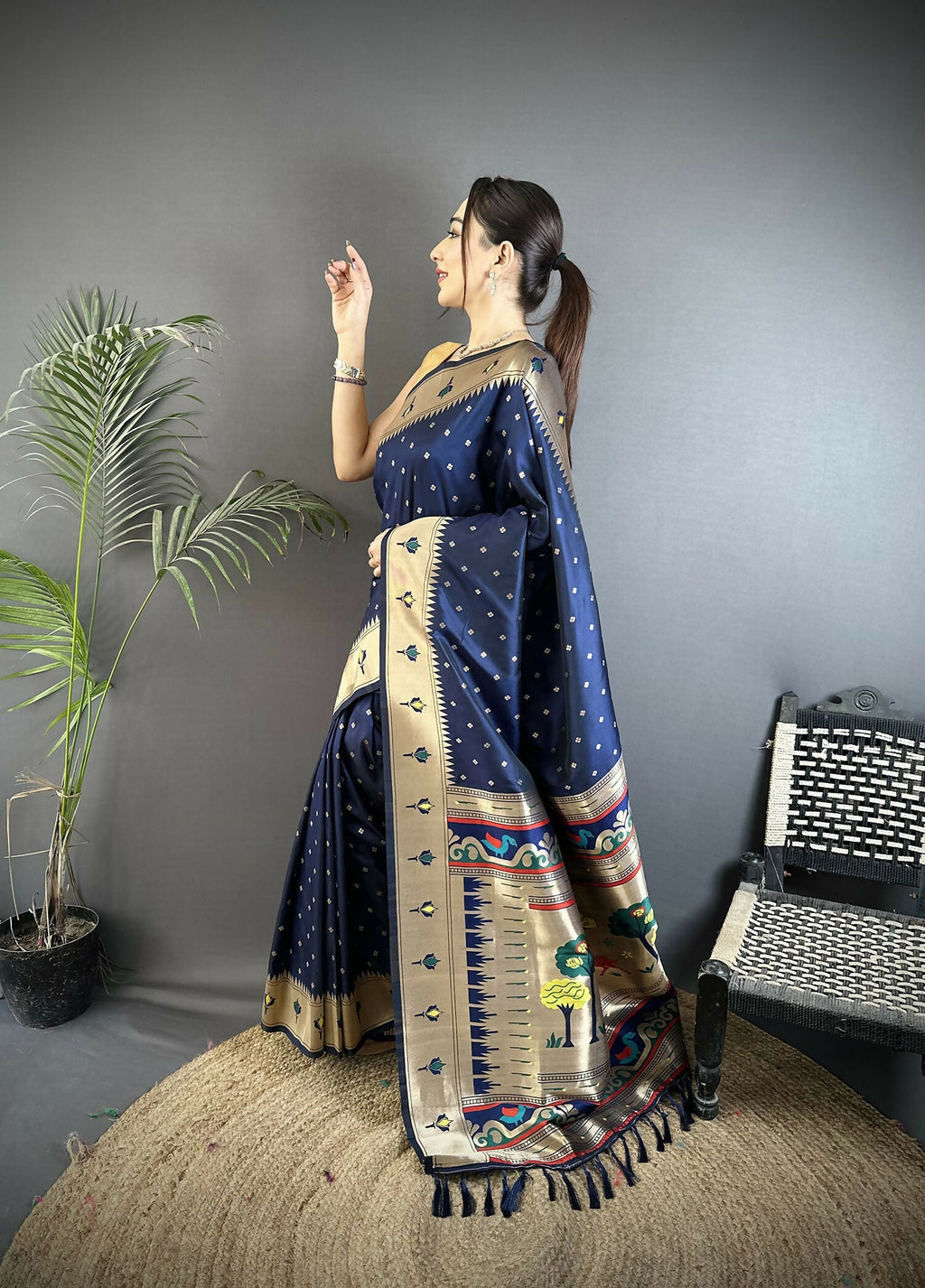Dark Blue Peacock & Floral Motif Soft Lichi Silk Kanchipuram Saree