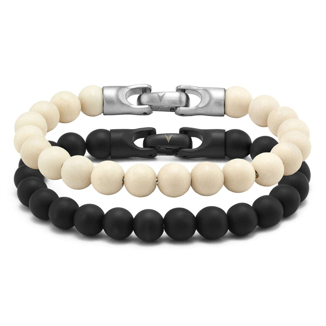 8mm Black Onyx and Riverstone beaded bracelet set featuring natural stone texture