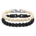 8mm Black Onyx and Riverstone beaded bracelet set featuring natural stone texture