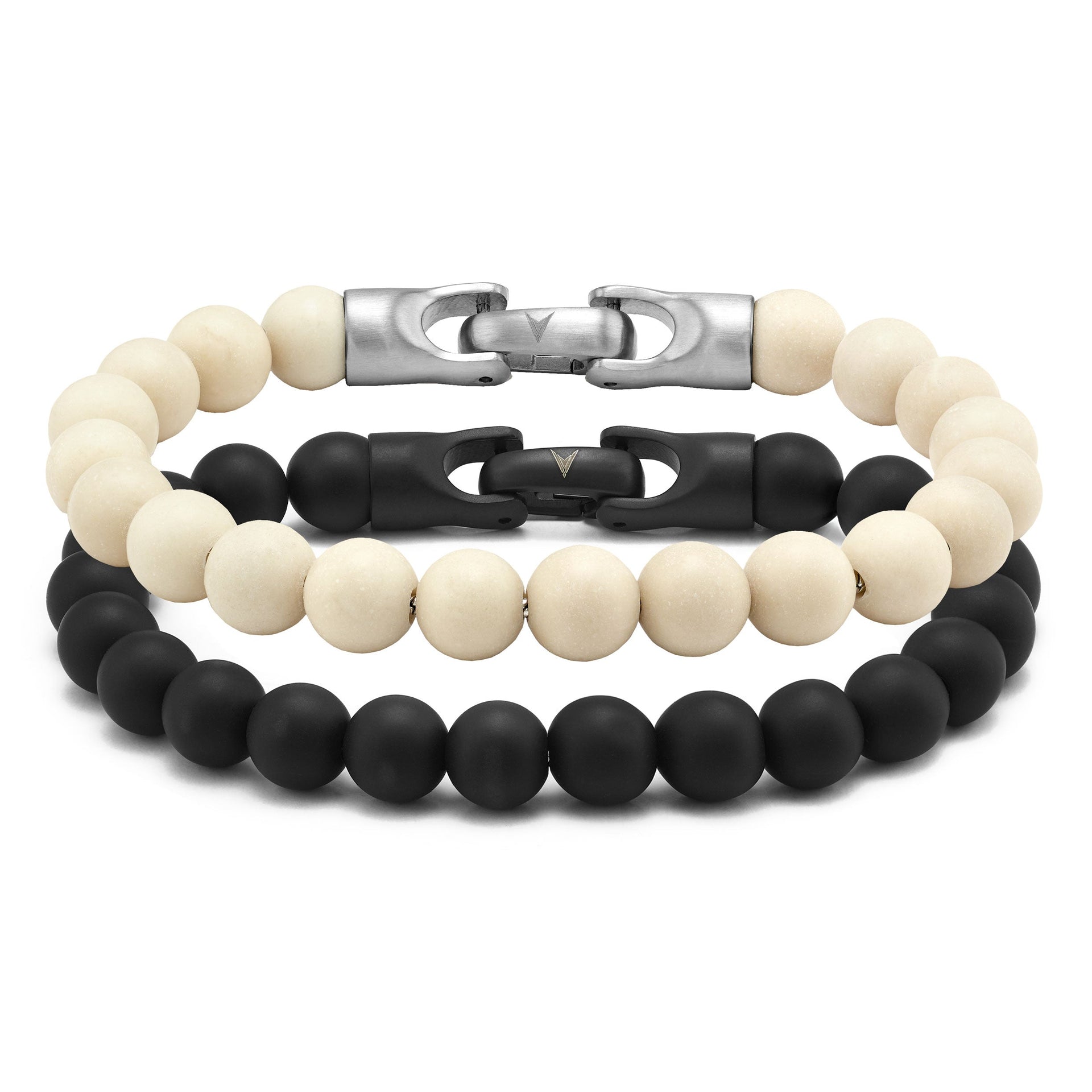 8mm Black Onyx and Riverstone beaded bracelet set featuring natural stone texture