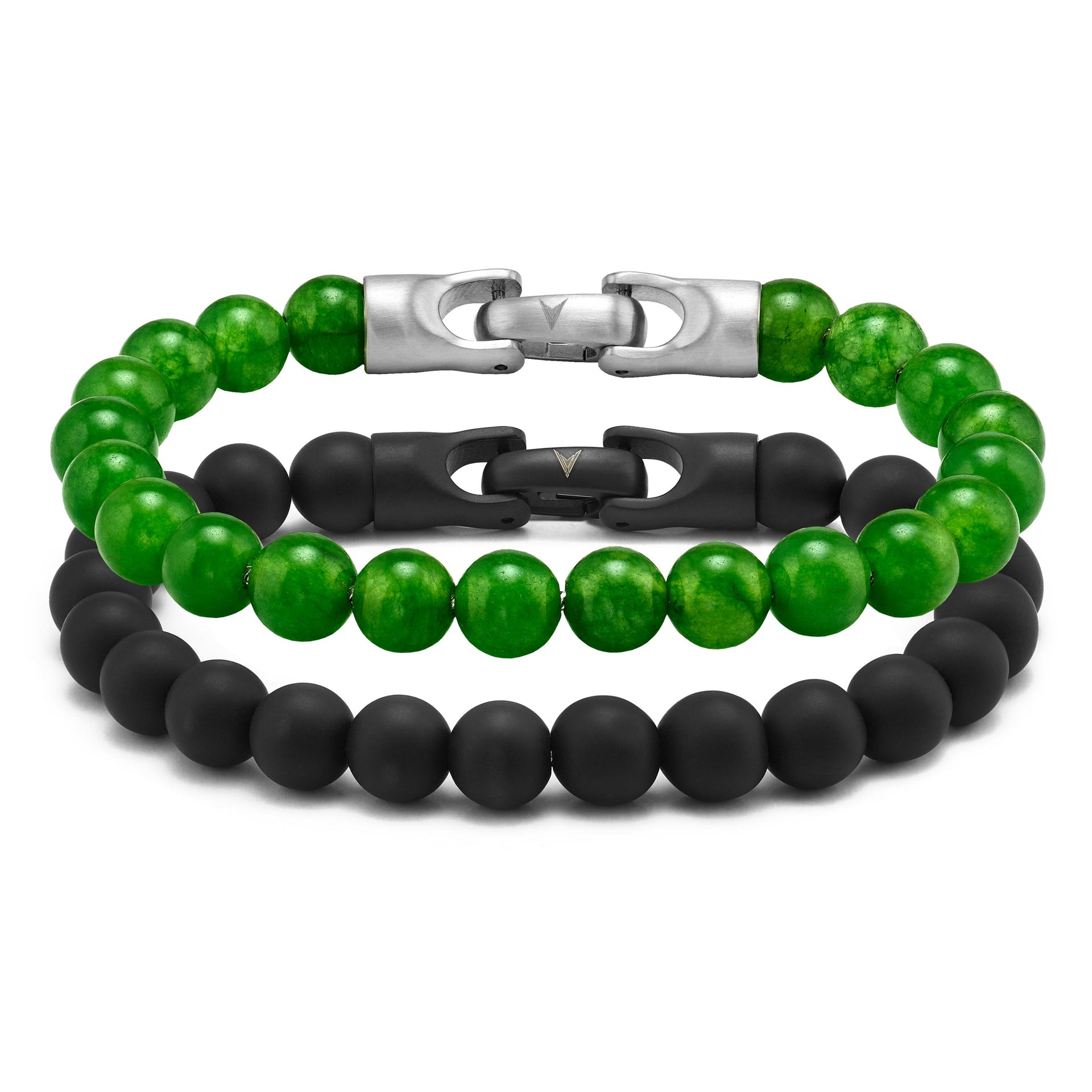 A set of 8mm Green and Black Onyx beads worn as stacked bracelets