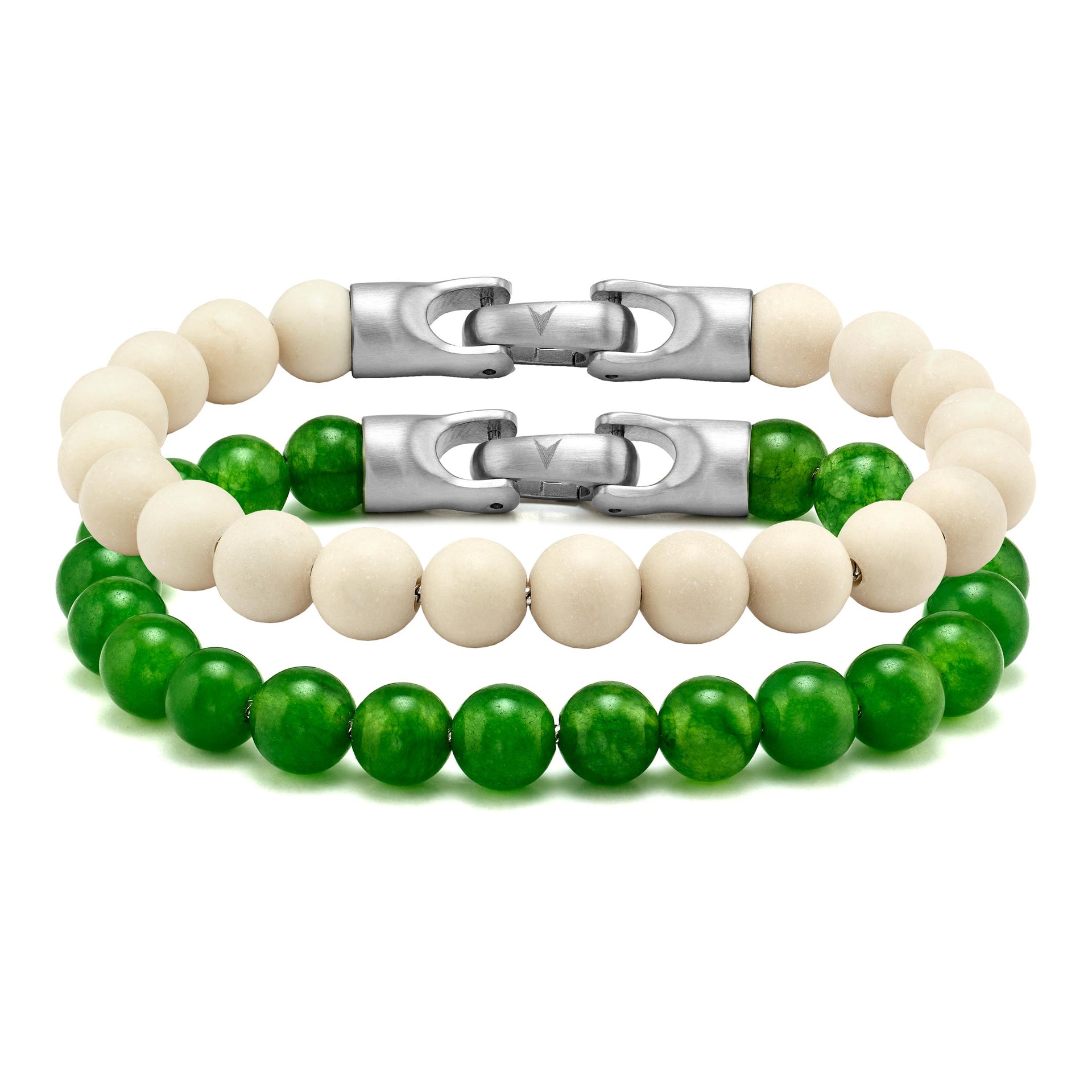 Green Onyx and Riverstone 8mm beaded bracelet set on a neutral background