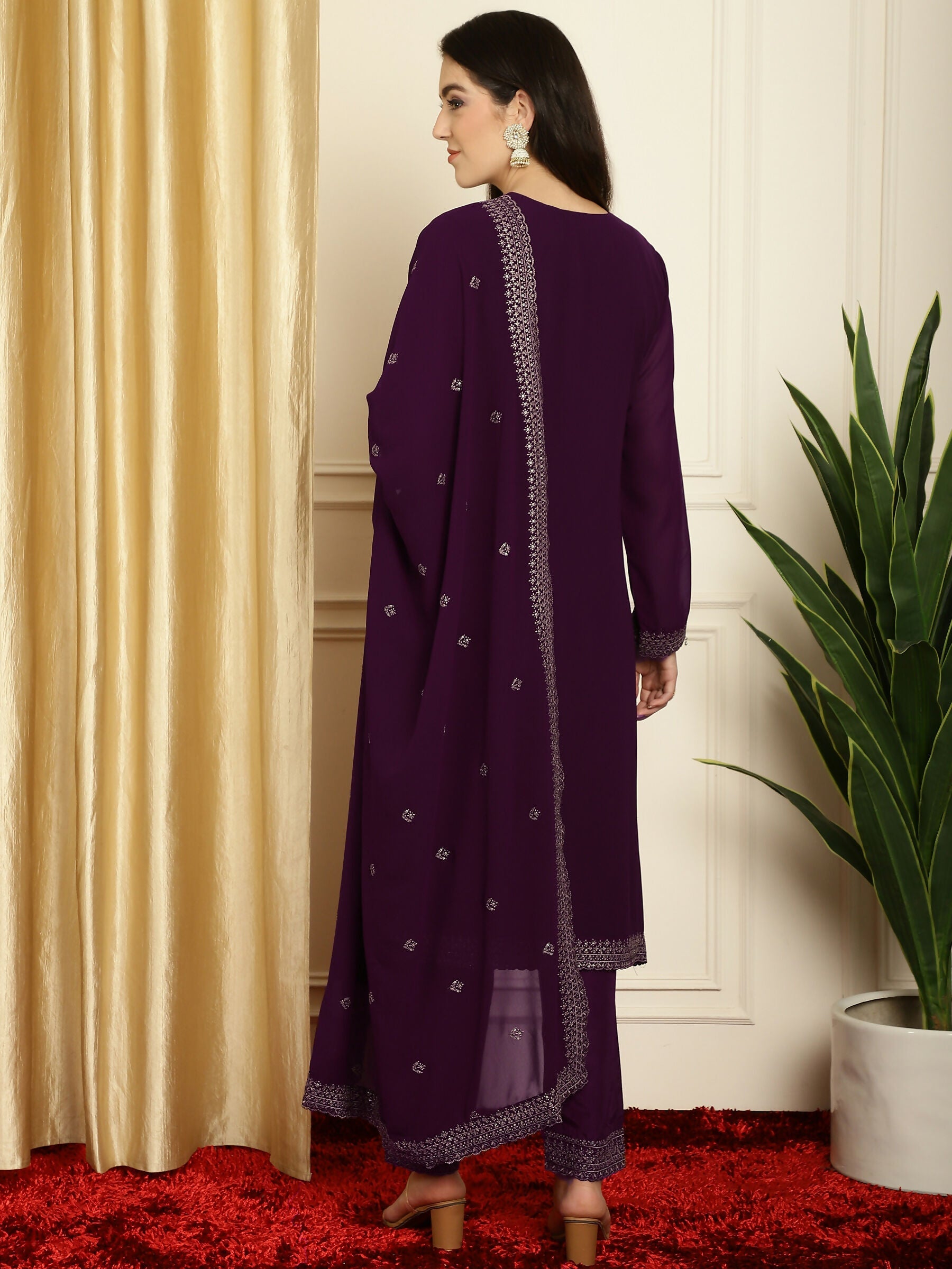 Jyoti Fashion Women's Burgundy Georgette Resham Thread & Sequin Kurta with Trouser & Dupatta