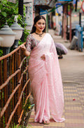 Pink poly silk saree with mango motifs and decorative cutwork border