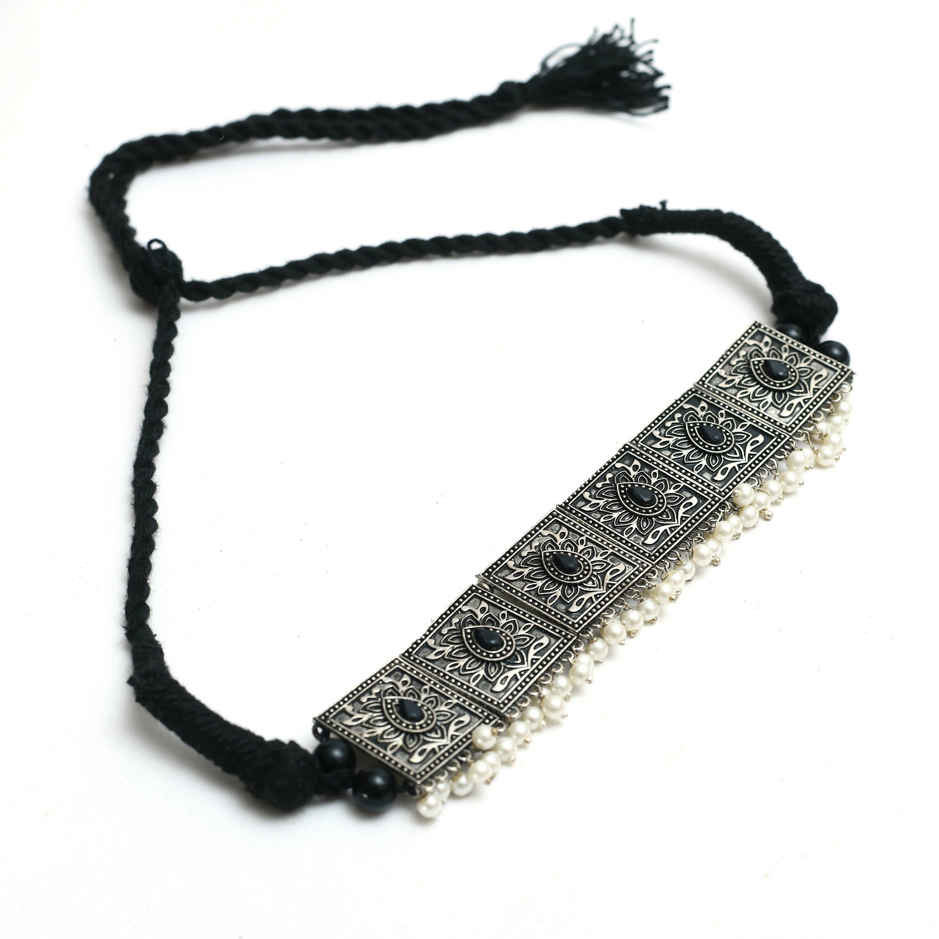 Black Kundan and Pearl Statement Choker in Silver-Plated Brass