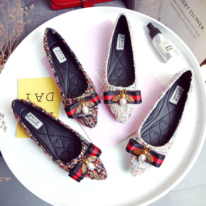 Women's Tweed Pointed Toe Flats with Bee and Bow Detail - Image 13