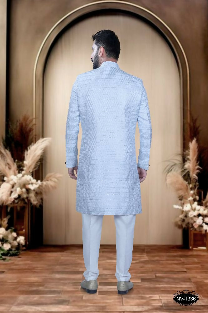 Blue and White Cotton Silk Ethnic Kurta Pyjama for Boys