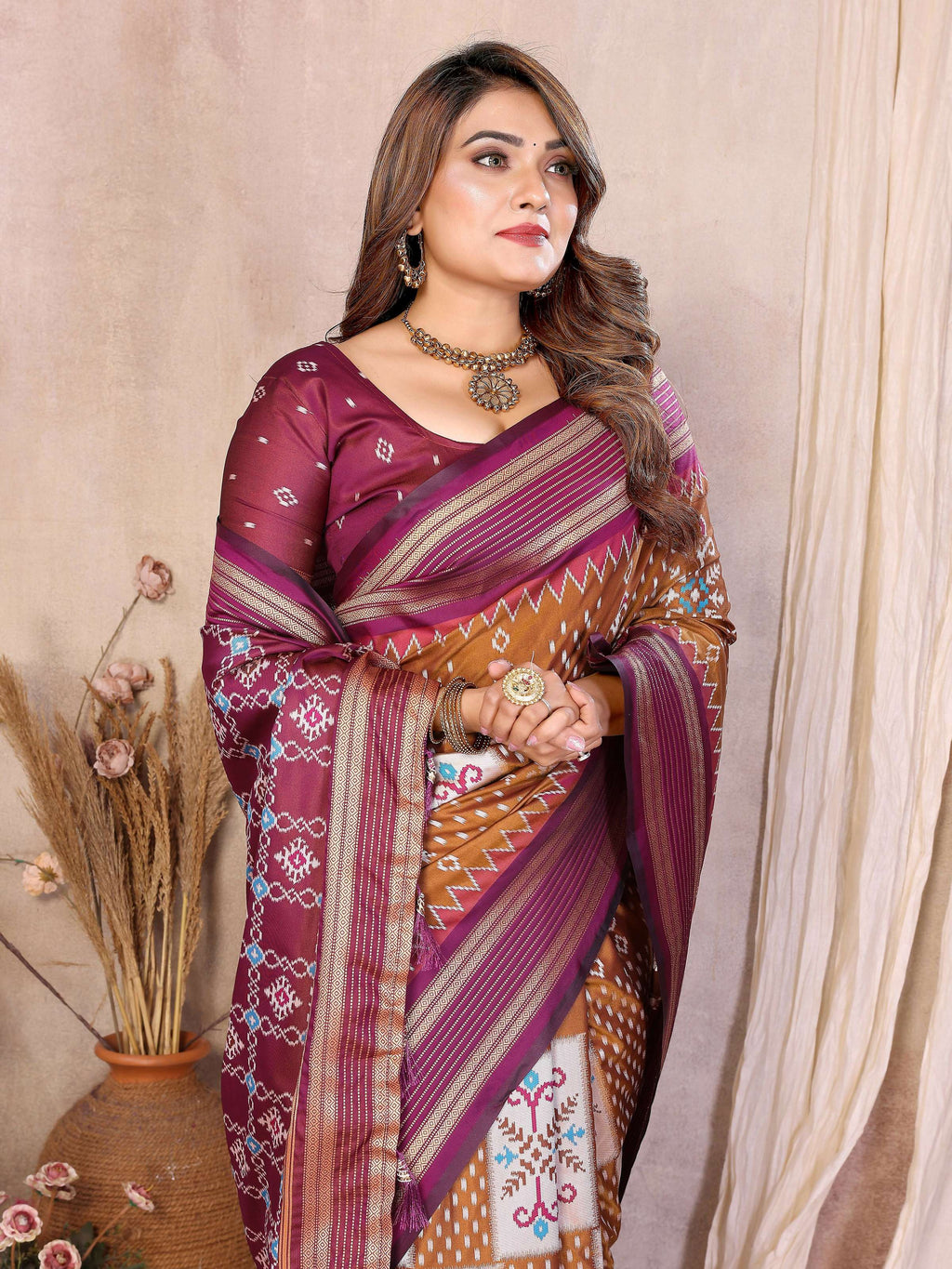 Mustard Soft Silk Weaving Saree with Contrast Wine Blouse