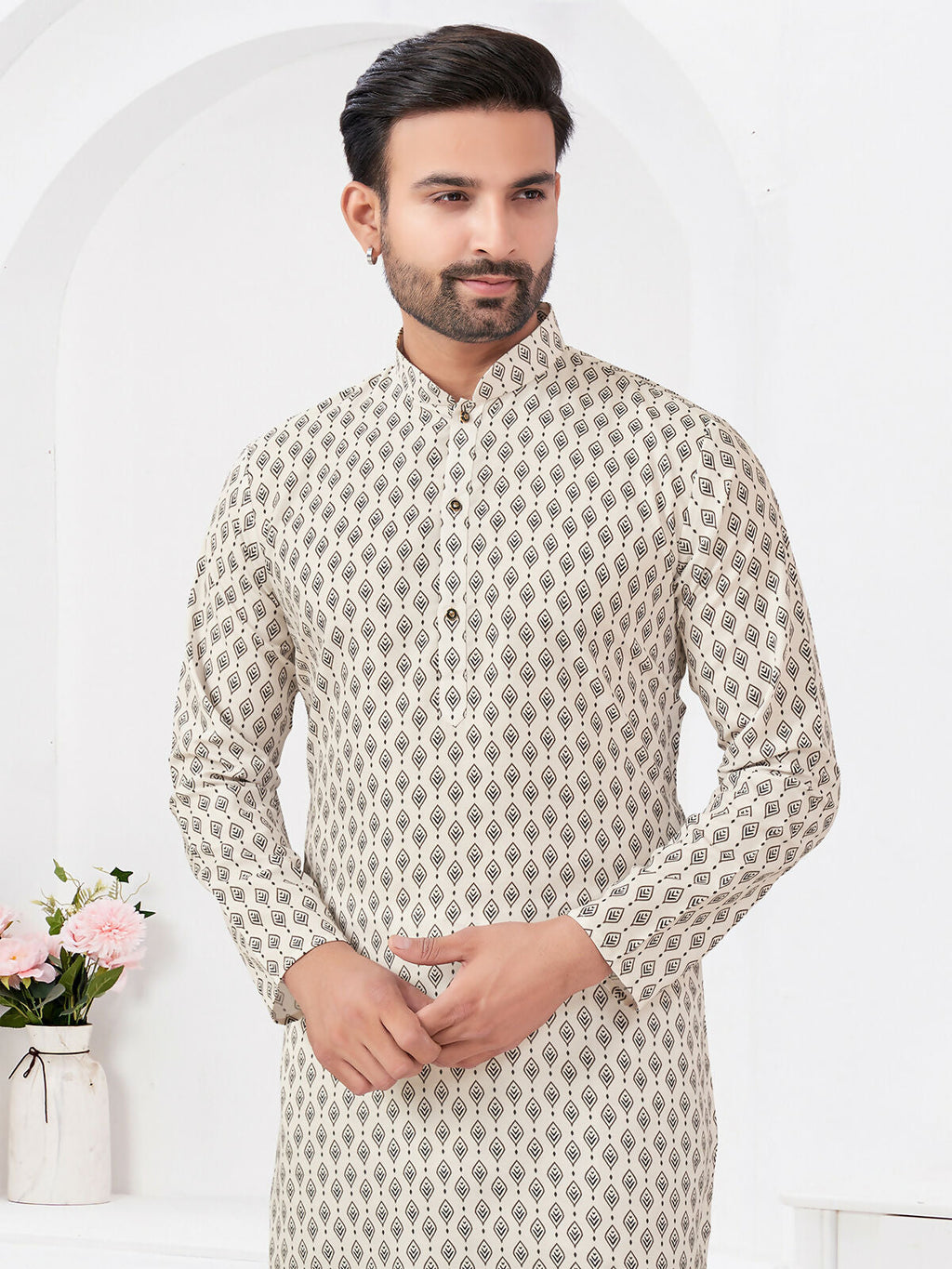 Boys Cream Rayon Cotton Printed Kurta Pyjama Ethnic Set