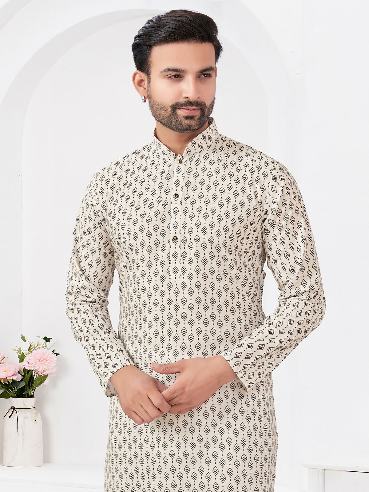 Boys Cream Rayon Cotton Printed Kurta Pyjama Ethnic Set