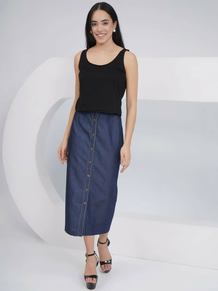 Black Cotton Denim Pencil Skirt Set with Matching Jacket