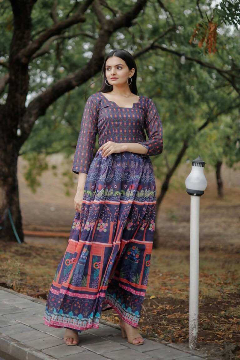 Purple pure Chanderi Anarkali dress with heavy digital print and orange accents