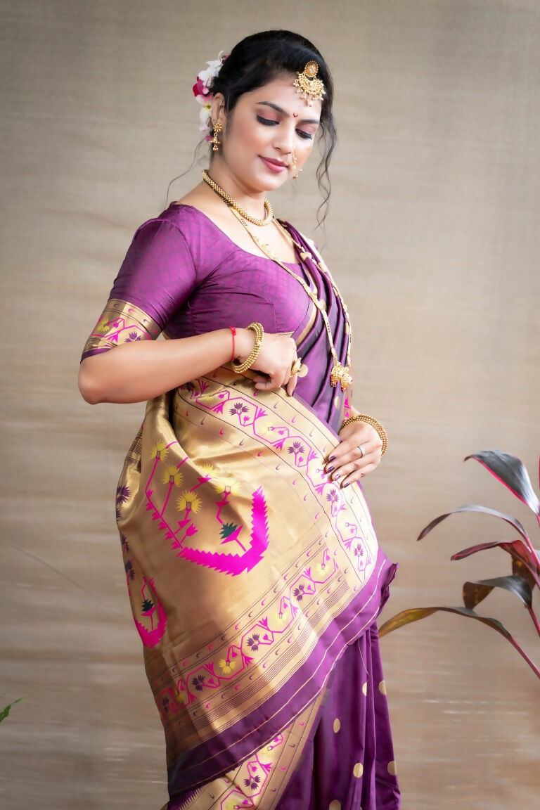 Wine Paithani Silk Saree with Zari Woven Border and Blouse