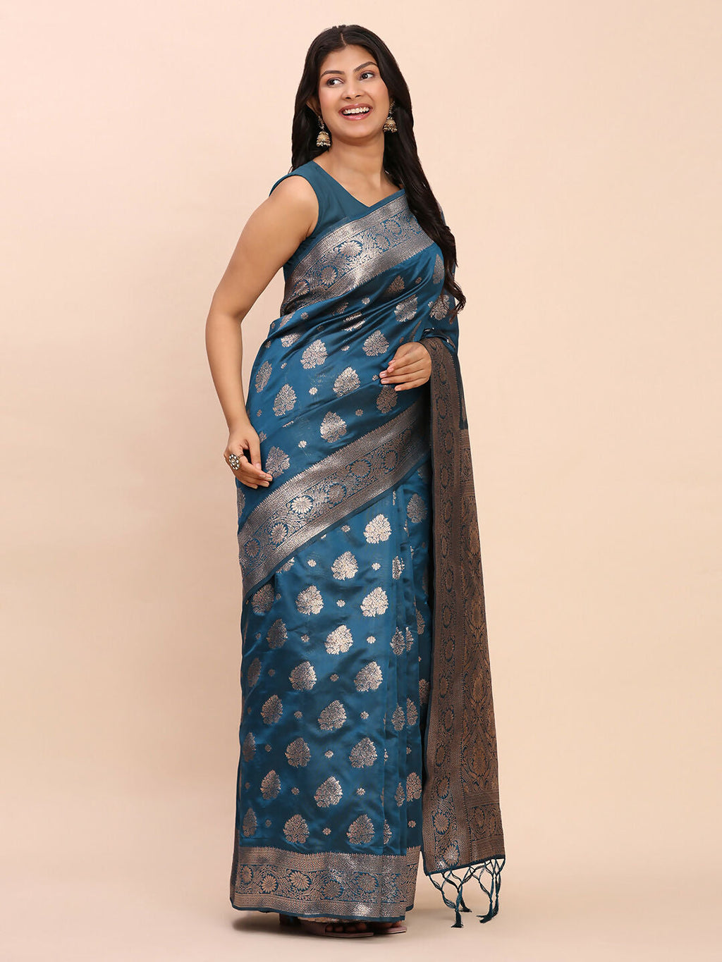 Teal Blue Banarasi Silk Saree with Matching Blouse Piece
