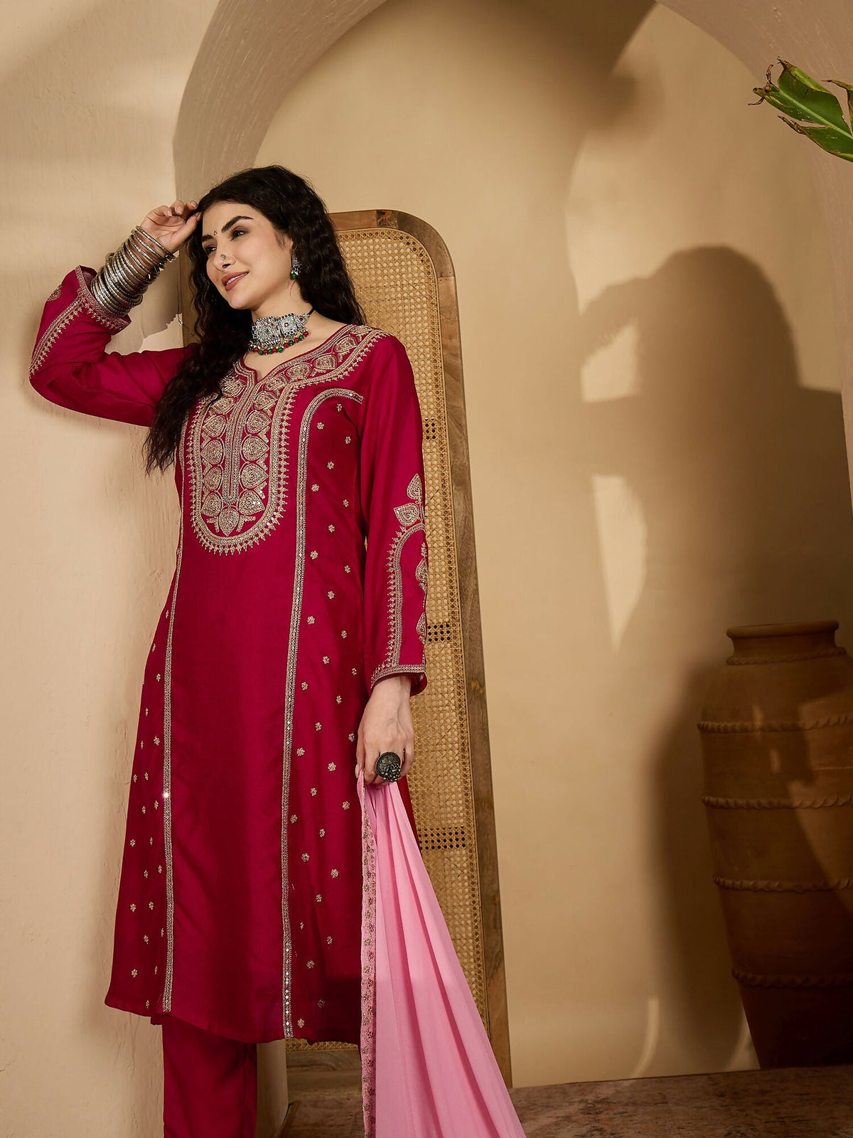 Embroidered Red Vichitra Silk Kurta Set for Festive Wear