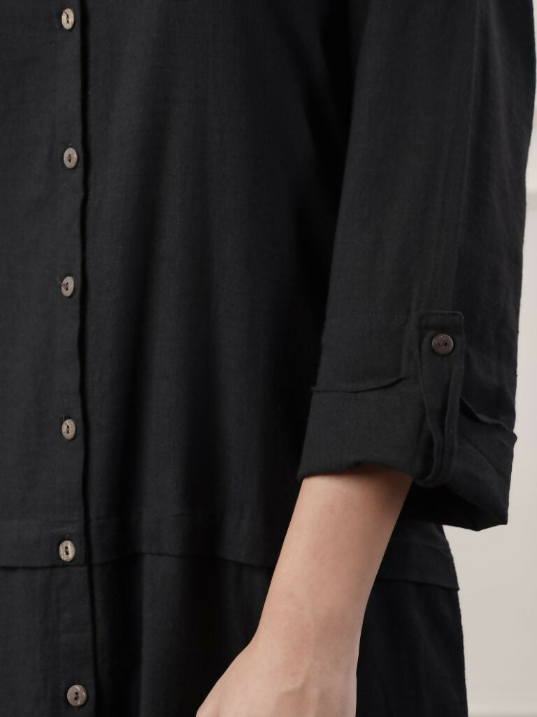 Women's Black Cotton Midi Dress With Button Detail