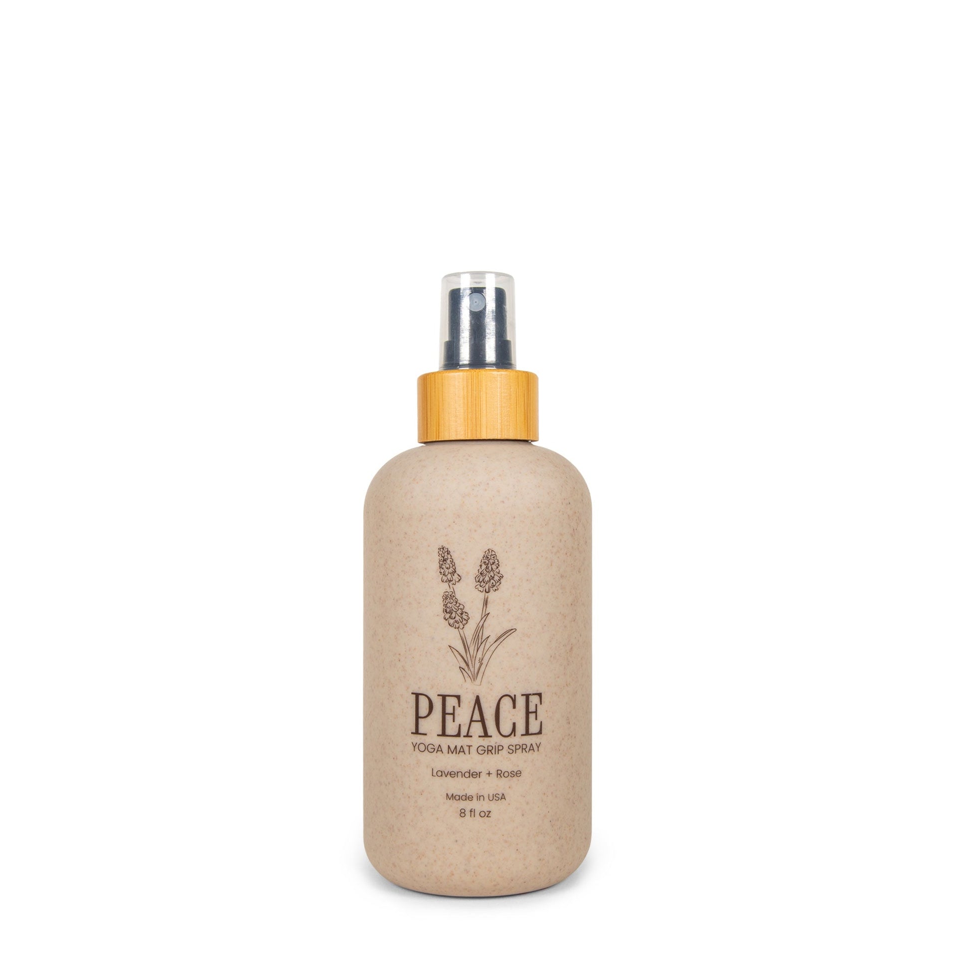 8oz bottle of Peace yoga mat grip spray with lavender and rose essential oils.
