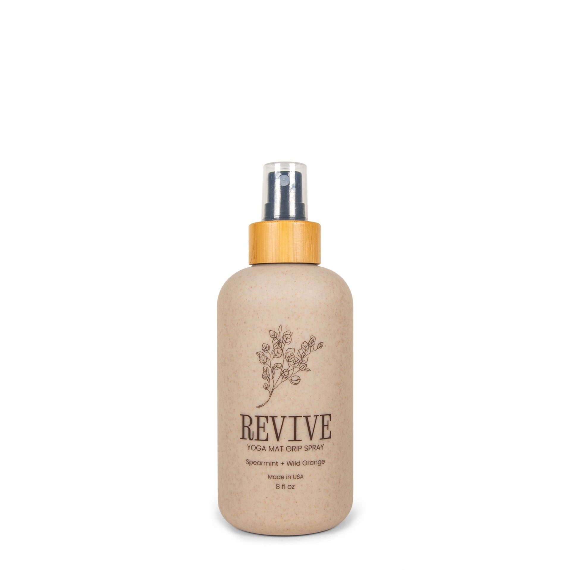 8oz bottle of Revive Yoga Mat Grip Spray in beige and brown packaging