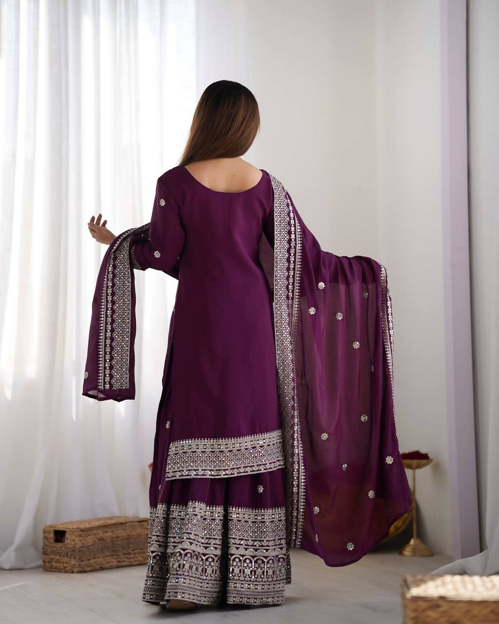 Wine Silk Kurta Set with Sequins, Zari & Thread Embroidery