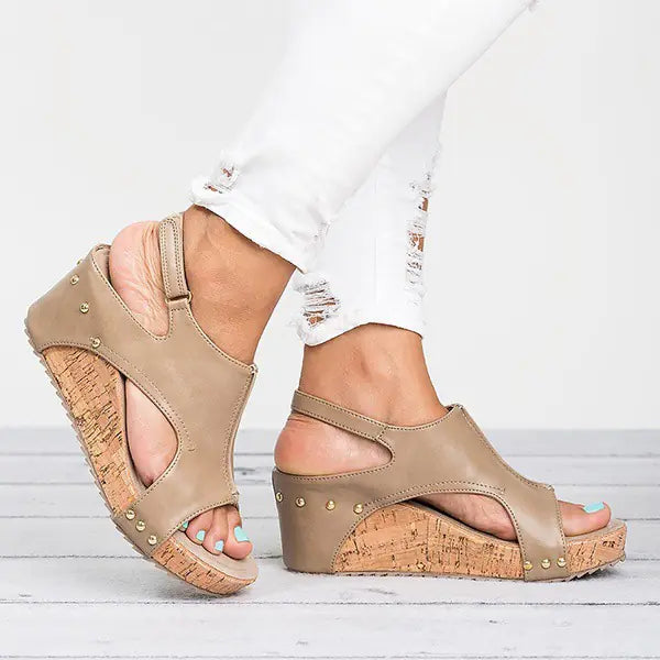 Women Wedge Peep Toe Sandals with Cork Platform and Stud Detail - Image 21