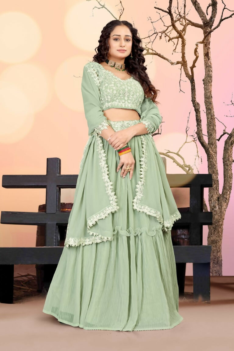 Sea Green Two Tier Crush Georgette Lehenga Choli with Dupatta