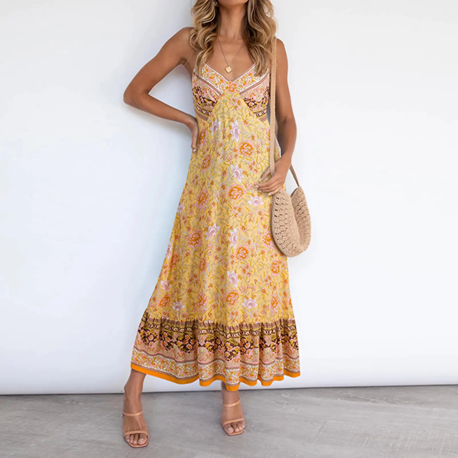 Women's Floral Boho V-Neck Midi Dress Casual Summer Beachwear - Image 4