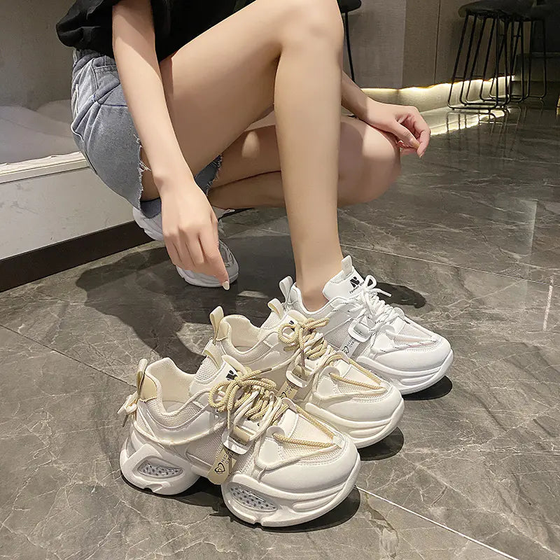Women's Thick-Soled Chunky Sneakers Beige Sports Shoes - Image 4