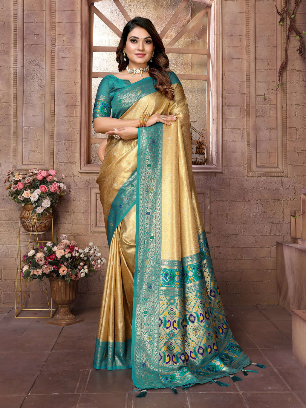 Gold Banarasi Tissue Silk Saree with detailed traditional weaving patterns