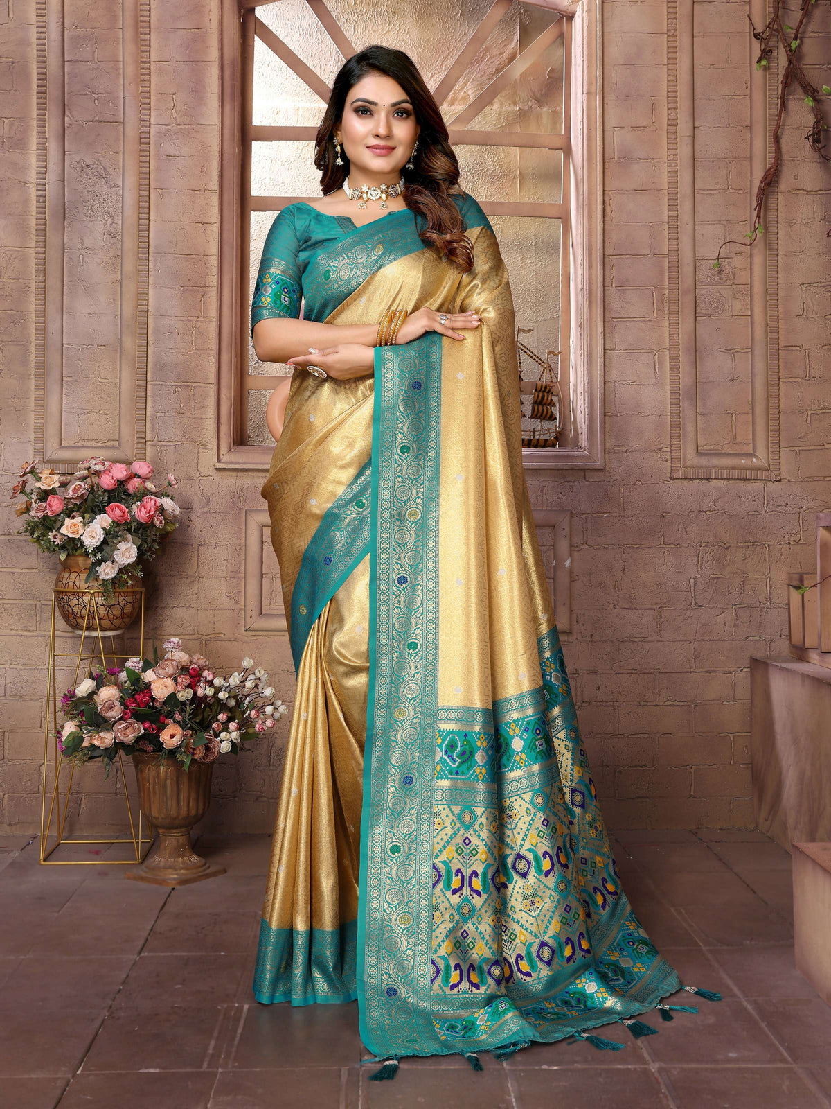 Gold Banarasi Tissue Silk Saree with detailed traditional weaving patterns