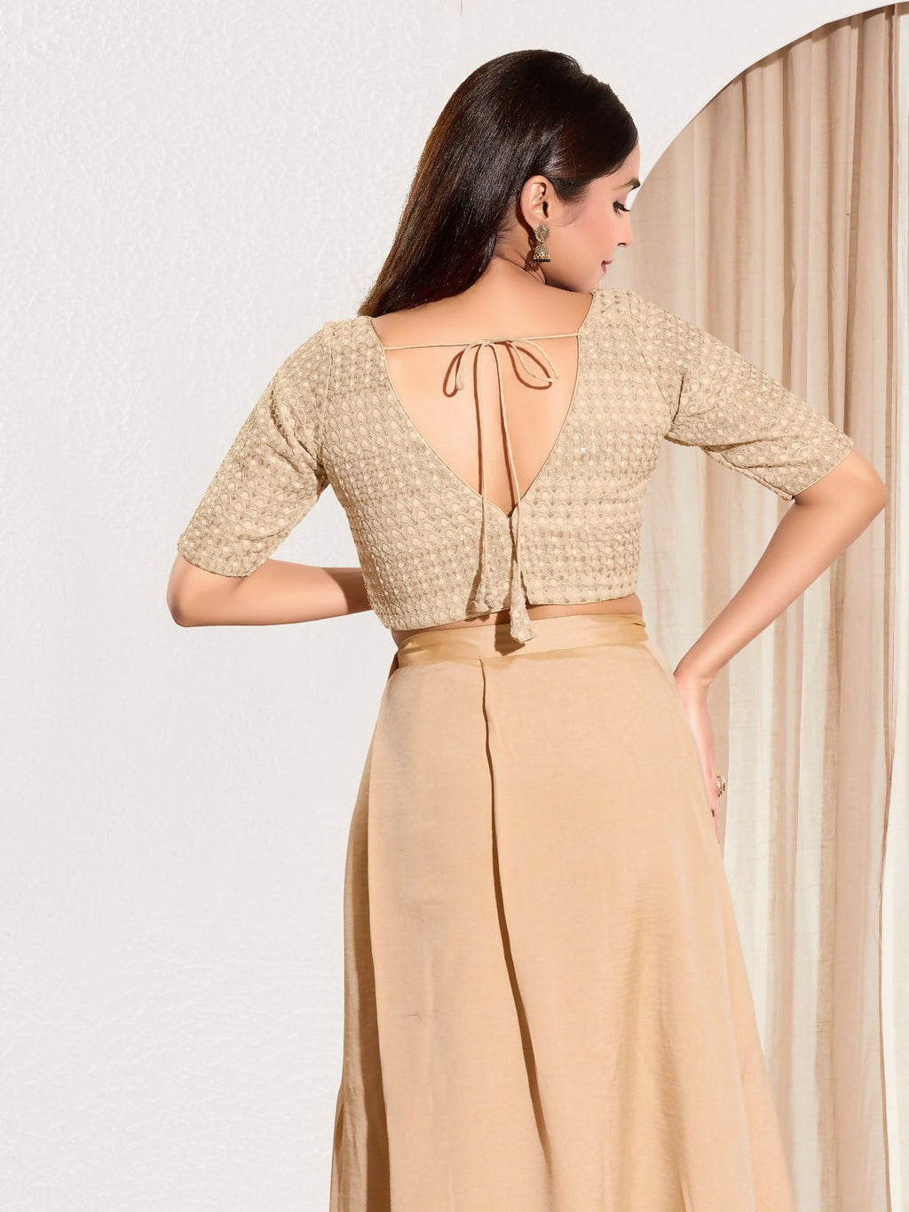 Gold Crochet Padded V-Neck Blouse with Elbow Length Sleeves