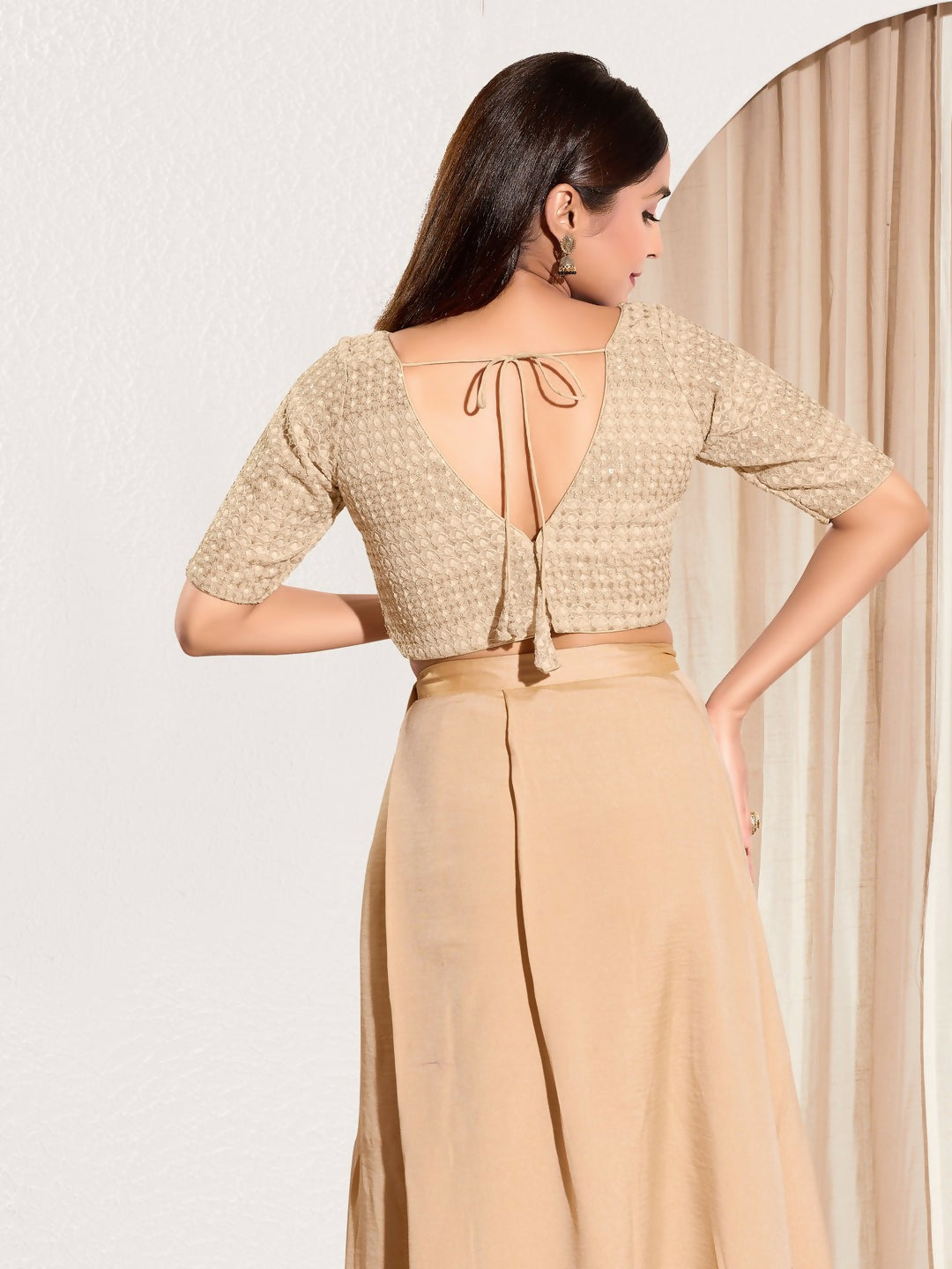 Gold Crochet Padded V-Neck Blouse with Elbow Length Sleeves