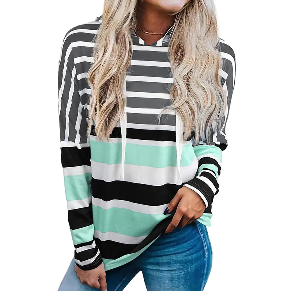 Women's Striped Hooded Long Sleeve Casual Sweatshirt Top - Image 6