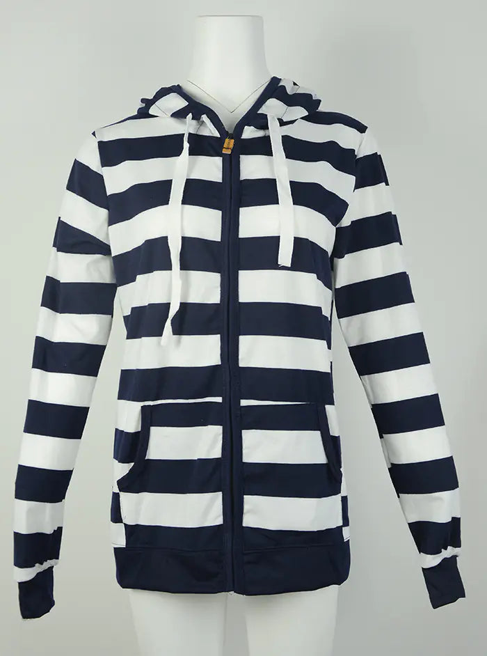 Women's Black and White Striped Zip-Up Hoodie Sweatshirt - Image 21