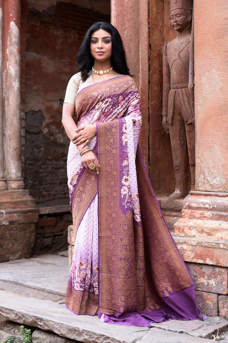 Dark and light lilac crepe chiffon handloom Banarasi silk saree